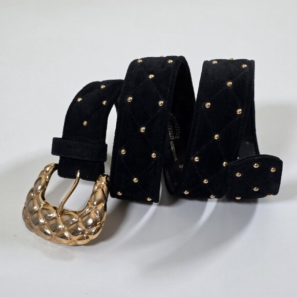 Leather Quilted Studded Belt Womens Black Gold Tone Metal Buckle Whimsigoth Y2K - Picture 1 of 10